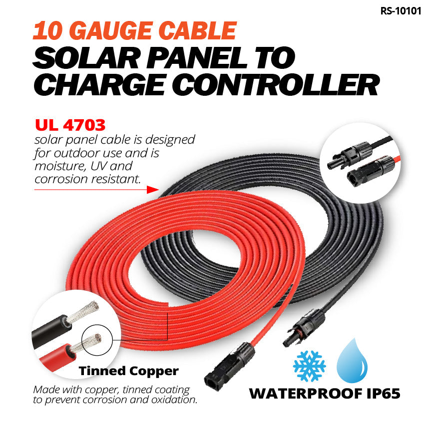 RS-10101 10 Gauge Extension Cable to Connect Solar Panel to Charge Controller (10 Feet Red & Black (Set))