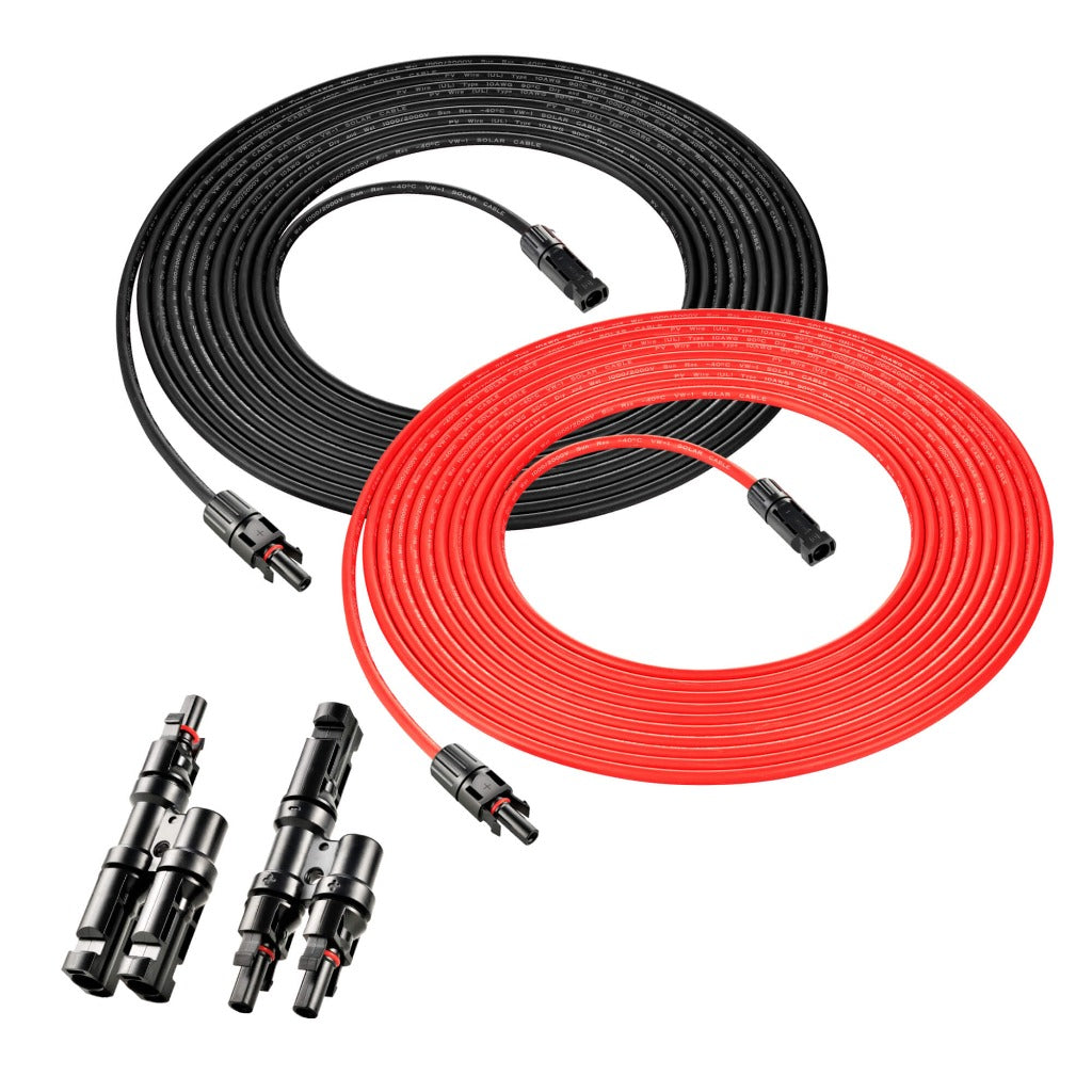 RS-30102T2 10 Gauge Solar Panel Extension Cable with Male and Female Solar Connector Ends (30 Feet Red & Black (Set) + Parallel Connectors)