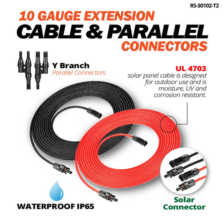 RS-30102T2 10 Gauge Solar Panel Extension Cable with Male and Female Solar Connector Ends (30 Feet Red & Black (Set) + Parallel Connectors)