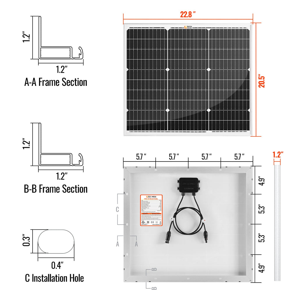 RS-M50 MEGA 50 | 50 Watt Solar Panel | Compact 12V Off-Grid Solar Panel for Boats, Vans, Trailers | 25-Year Output Warranty | UL Certified