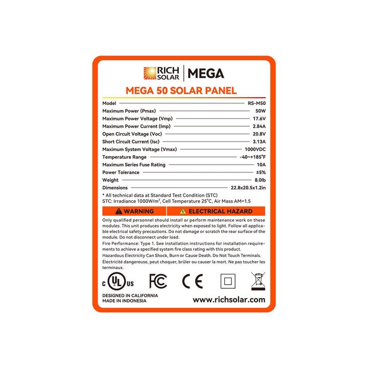 RS-M50 MEGA 50 | 50 Watt Solar Panel | Compact 12V Off-Grid Solar Panel for Boats, Vans, Trailers | 25-Year Output Warranty | UL Certified